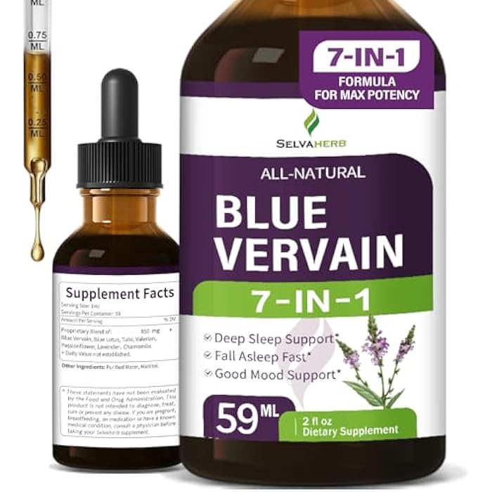 Selvaherb قطرات مستخلص عشبة الفيرفينا الزرقاء العضوية، بديل شاي الفيرفينا الزرقاء، مكمل دعم النوم مع فاليريان، زهرة العاطفة، صبغة عشبية لدعم النوم السريع والمزاج الجيد. 2 أونصة - Image 1