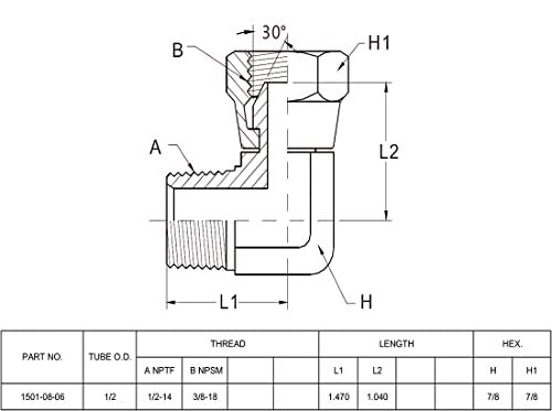 BEITERSTOE (2-PACK) 1501-08-06 Hydraulic Hose Adapter Fitting 1/2" Male (1/2-14 NPTF) × 3/8" Female (3/8-18 NPSM) Swivel 90° Elbow SAE Pipe Joints Connector Carbon Steel - Image 3
