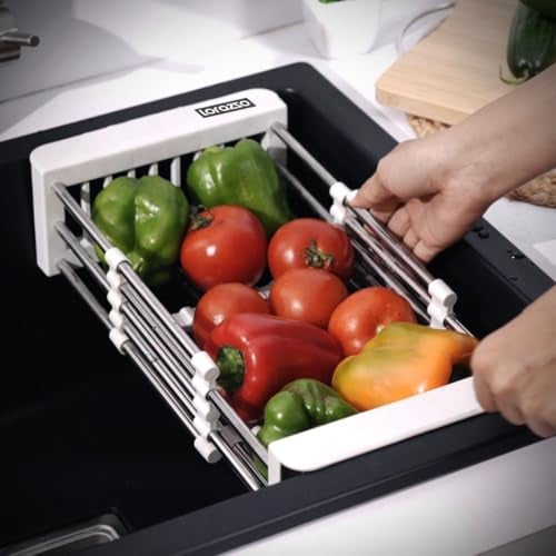 Lorazzo Kitchen Sink Basket – Over The Sink Expandable Colander for Vegetable & Fruit Washing | Drain Basket & Sink Strainer | Adjustable Kitchen Sink Accessories | 1-Year Warranty (Silver & White) - Image 1