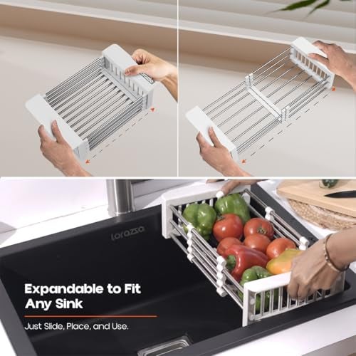 Lorazzo Kitchen Sink Basket – Over The Sink Expandable Colander for Vegetable & Fruit Washing | Drain Basket & Sink Strainer | Adjustable Kitchen Sink Accessories | 1-Year Warranty (Silver & White) - Image 3