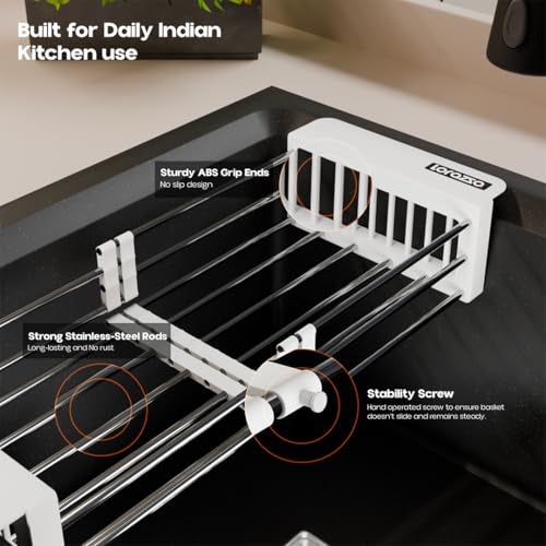 Lorazzo Kitchen Sink Basket – Over The Sink Expandable Colander for Vegetable & Fruit Washing | Drain Basket & Sink Strainer | Adjustable Kitchen Sink Accessories | 1-Year Warranty (Silver & White) - Image 4