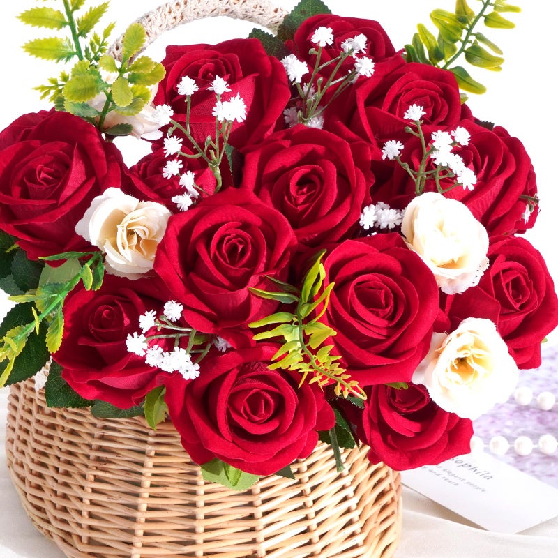 BLEUM CADE 50 Pcs Red Roses Artificial Flowers  Real Touch Velvet Roses Fake Flowers Bulk  Artificial Roses Bouquet with Long Stems for Bridal DIY Wedding Party Centerpiece Decorations - Image 2