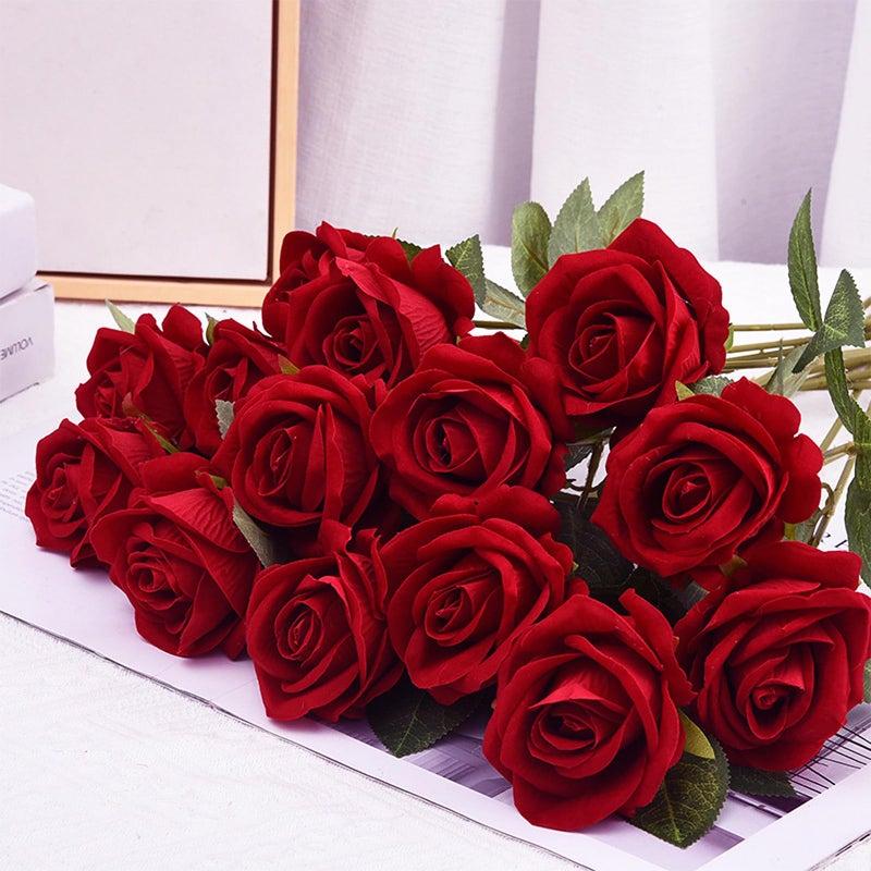 BLEUM CADE 50 Pcs Red Roses Artificial Flowers  Real Touch Velvet Roses Fake Flowers Bulk  Artificial Roses Bouquet with Long Stems for Bridal DIY Wedding Party Centerpiece Decorations - Image 3