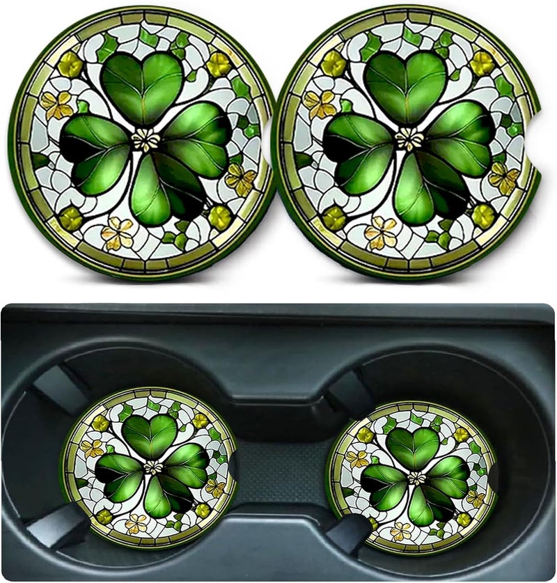 Ldntly Car Coasters for Cup Holders,2 Pack Four Leaf Clover Car Coasters,2.75" Universal Size Anti Slip Rubber Mat,Automotive Cup Holder Decal Decor Accessories,Four Leaf Clover Gifts for Women,Men,Mom - Image 1