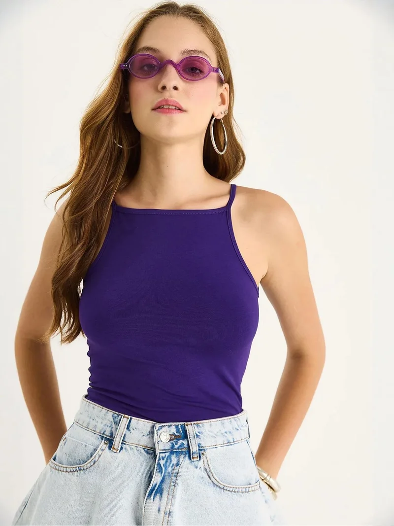 Bianco Lucci Amethyst Purple Fitted Cotton Blend Halter Neck Cami Top for Women | Best Price UAE
