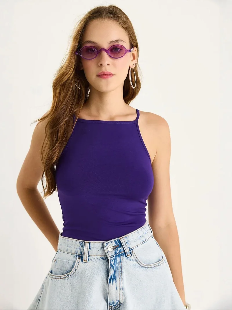 Bianco Lucci Amethyst Purple Fitted Cotton Blend Halter Neck Cami Top for Women | Best Price UAE
