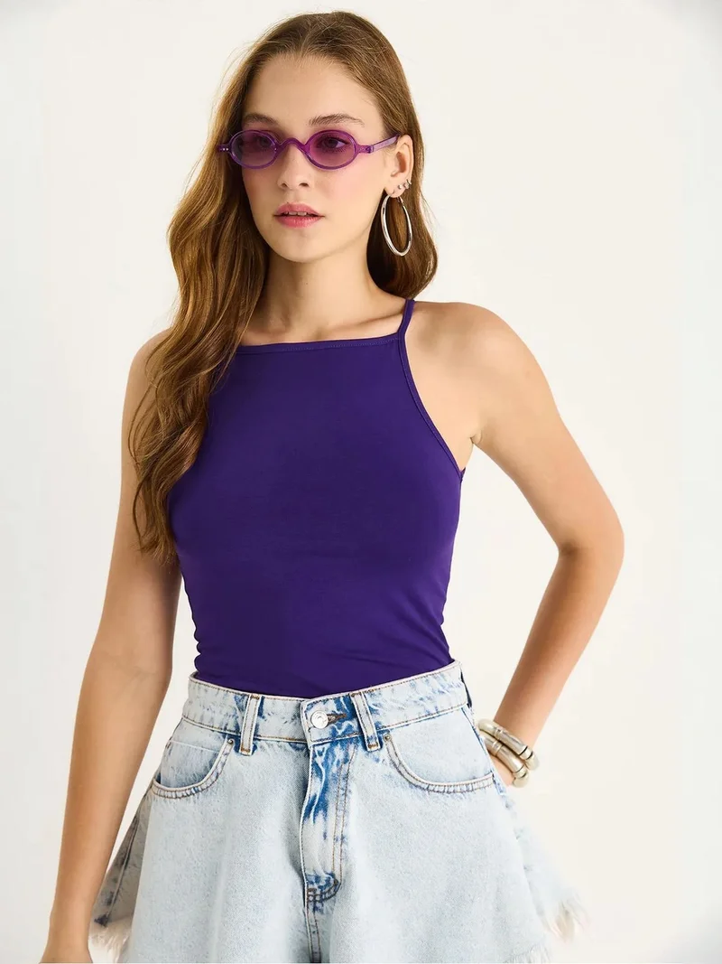 Bianco Lucci Amethyst Purple Fitted Cotton Blend Halter Neck Cami Top for Women | Best Price UAE