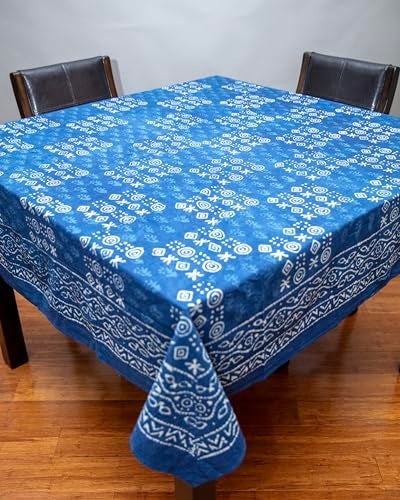 India Arts Hand Block Printed Square Dabu Cotton Tablecloth 70" x 70" Indigo Blue - Image 2