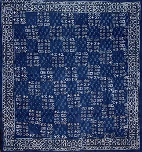 India Arts Hand Block Printed Square Dabu Cotton Tablecloth 70" x 70" Indigo Blue - Image 3