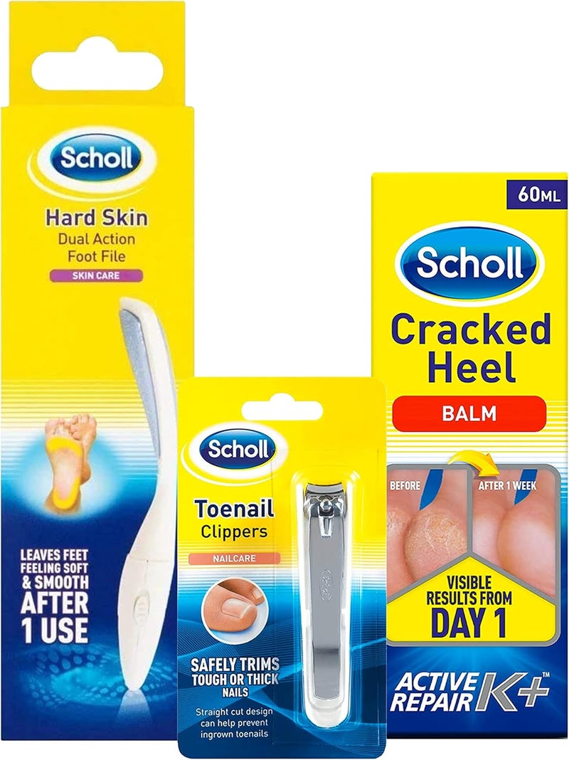 حزمة العناية بالقدم من شول تتضمن 1 × مبرد القدم اليدوي من شول 1 × مقص أظافر القدم من شول و 1 × بلسم إصلاح الكعب المتشقق من شول