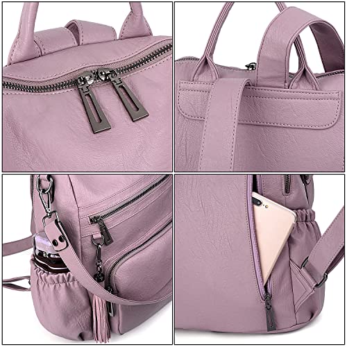 UTO Women Backpack Purse Leather Vegan Ladies Fashion Designer Rucksack Convertible Travel Shoulder Bag with Tassel Light Purple - Image 5