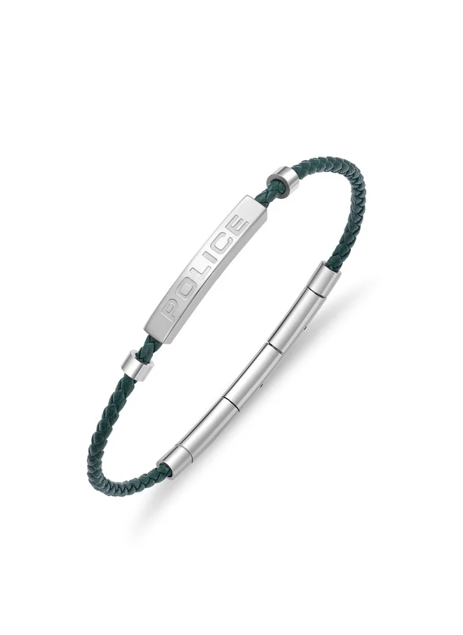 بوليس Police Contour Bracelet - Olive Green Leather with Stainless Steel Rings & Etched POLICE Plaque - Men's Bold Statement Style