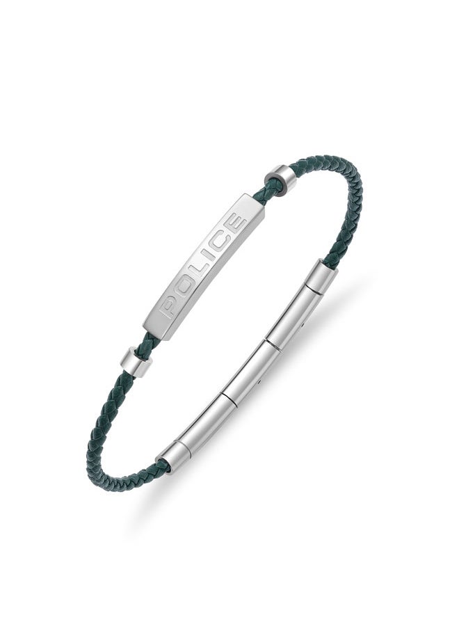 بوليس Police Contour Bracelet - Olive Green Leather with Stainless Steel Rings & Etched POLICE Plaque - Men's Bold Statement Style  - Image 1