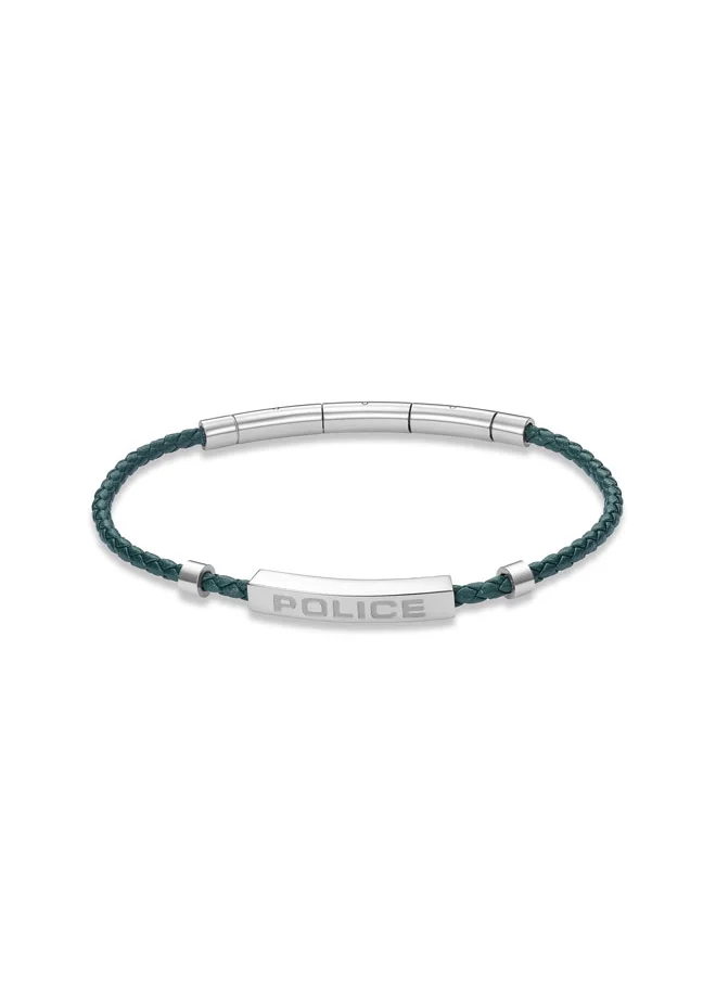 بوليس Police Contour Bracelet - Olive Green Leather with Stainless Steel Rings & Etched POLICE Plaque - Men's Bold Statement Style