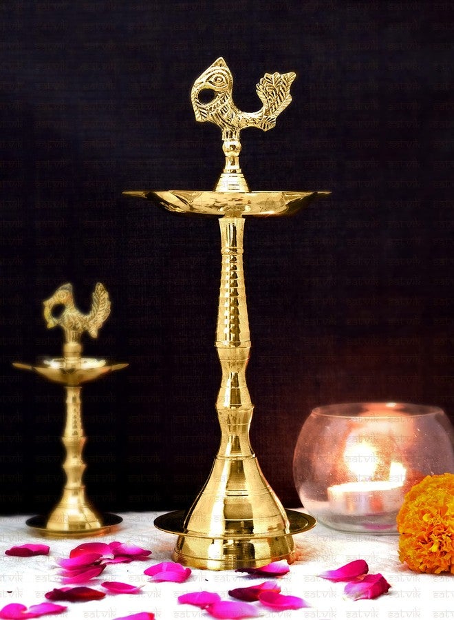 SATVIK STORE SATVIK 9.5 Inch Pure Virgin Brass Peacock Kerala Samai Puja Diya Traditional Brass Kutthu Vilakku Oil Lamp Pooja 1 Step Diya Engraved Design Adjustable Deepak Pooja Indian Housewarming Return Gift - Image 1