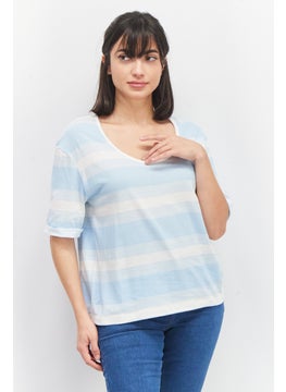 QUIKSILVER Women Round Neck Short Sleeve Stripe Crop T-Shirt, Blue/White  - Image 1
