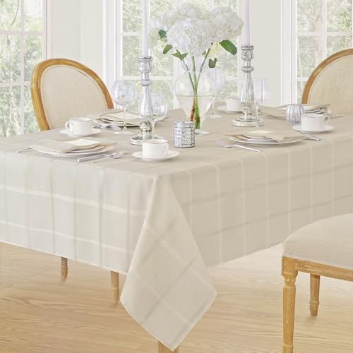 Newbridge 52 x 52 Inch Square Fabric Tablecloth, Thanksgiving Elegance Plaid, 100% Polyester, No Iron Soil Resistant Dining Room, Party and Banquet Table Cover, Solid Textured, Beige - Image 1