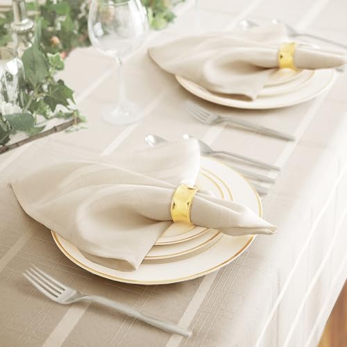 Newbridge 52 x 52 Inch Square Fabric Tablecloth, Thanksgiving Elegance Plaid, 100% Polyester, No Iron Soil Resistant Dining Room, Party and Banquet Table Cover, Solid Textured, Beige - Image 3