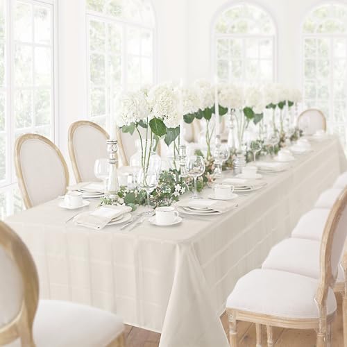 Newbridge 52 x 52 Inch Square Fabric Tablecloth, Thanksgiving Elegance Plaid, 100% Polyester, No Iron Soil Resistant Dining Room, Party and Banquet Table Cover, Solid Textured, Beige - Image 2