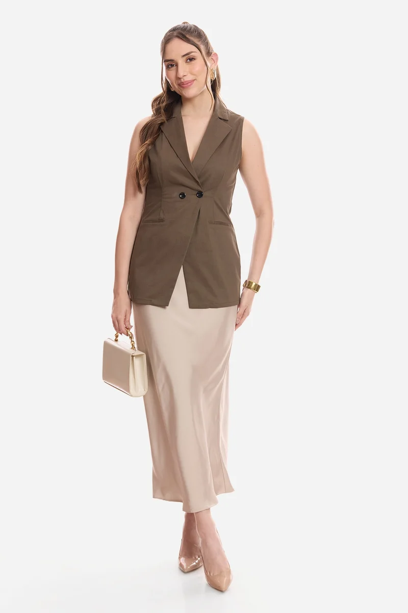 فيرجيو Solid Cotton Notch Collar Waistcoat for Women