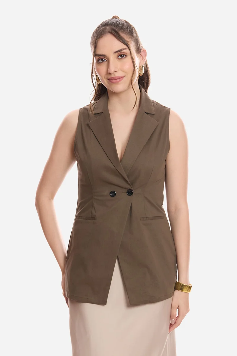 فيرجيو Solid Cotton Notch Collar Waistcoat for Women