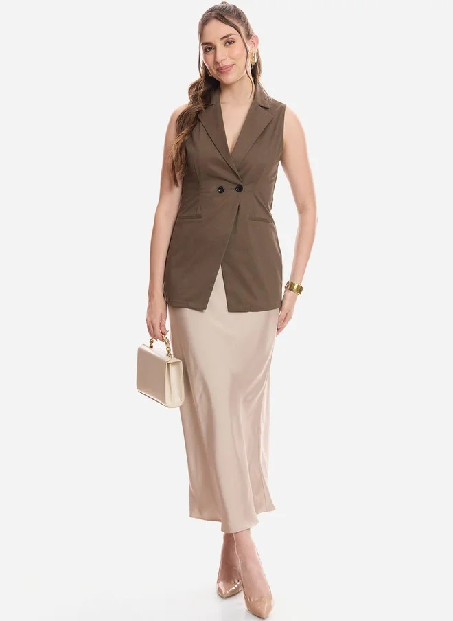 Virgio Women Olive Green Pure Cotton Lapel Collar Waistcoat