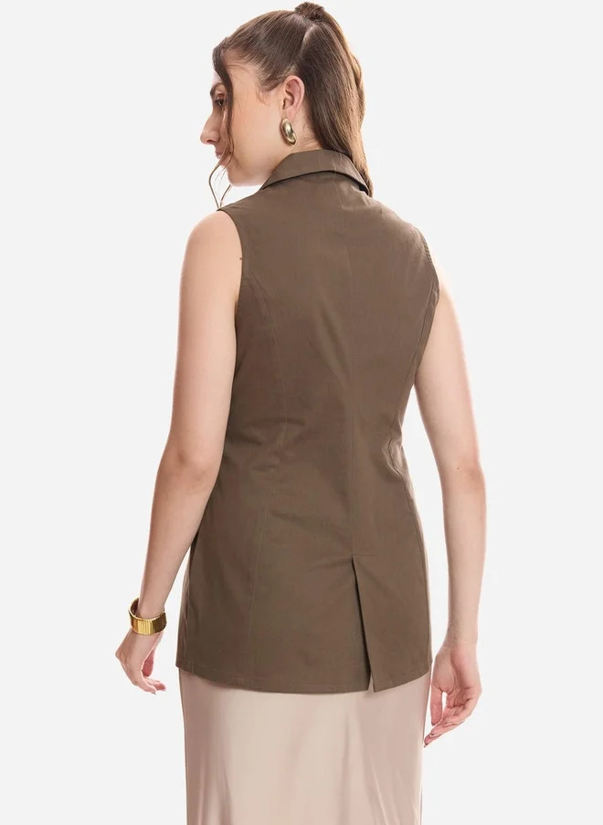 Virgio  Virgio Women Olive Green Pure Cotton Lapel Collar Waistcoat for Women | Best Price UAE