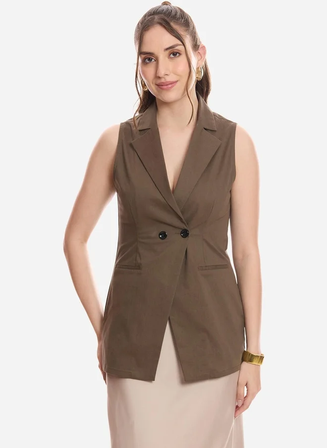 Virgio  Virgio Women Olive Green Pure Cotton Lapel Collar Waistcoat for Women | Best Price UAE