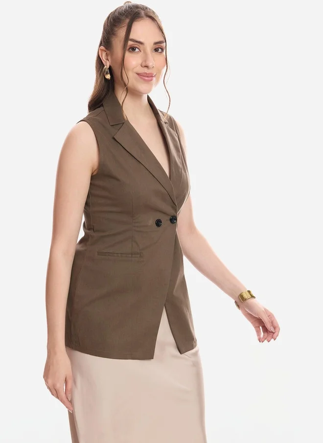 Virgio  Virgio Women Olive Green Pure Cotton Lapel Collar Waistcoat for Women | Best Price UAE