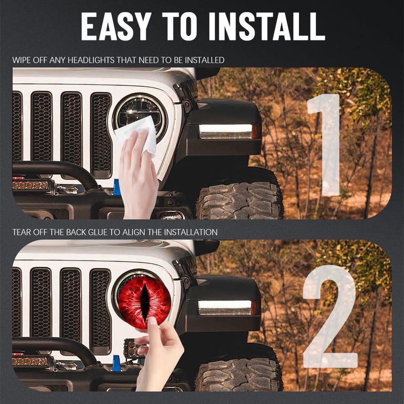 PACLVIO 2PCS Beast Eyes Headlight Decals, 3D Stereo Eyes Headlight Decal Stickers, Car Body Window Bumper Decoration Stickers, Car Accessories Round Headlight Decal for Jeep Wrangler (Red) - Image 4