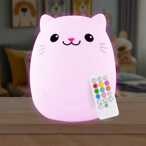 Lumipets Clive The Cat Squishy Silicone Night Light for Kids | Cute Night Light with Remote & Touch Control for Baby & Toddler Bedrooms | Color Changing Portable Animal Nightlight | Kids Mood Lamp - Image 1
