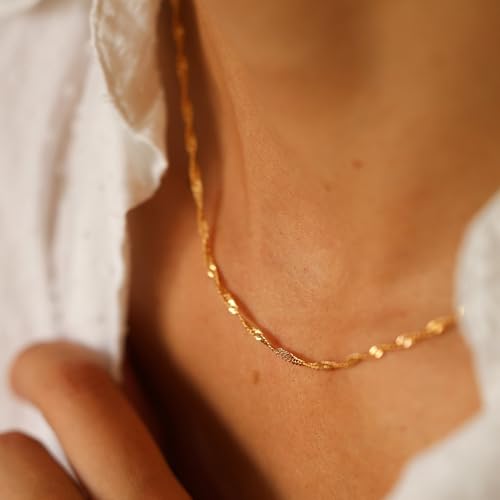 Krfy 14K Gold Plated Chain Necklace for Women Trendy - 925 Sterling Silver Clasp Dainty Choker Necklace Thin Simple Singapore Chain Necklace Non Tarnish Waterproof Jewelry for Women 14 inch - Image 3