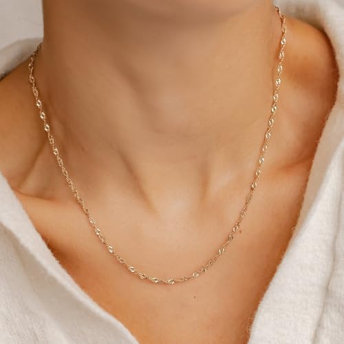 Krfy 14K Gold Plated Chain Necklace for Women Trendy - 925 Sterling Silver Clasp Dainty Choker Necklace Thin Simple Singapore Chain Necklace Non Tarnish Waterproof Jewelry for Women 14 inch - Image 5