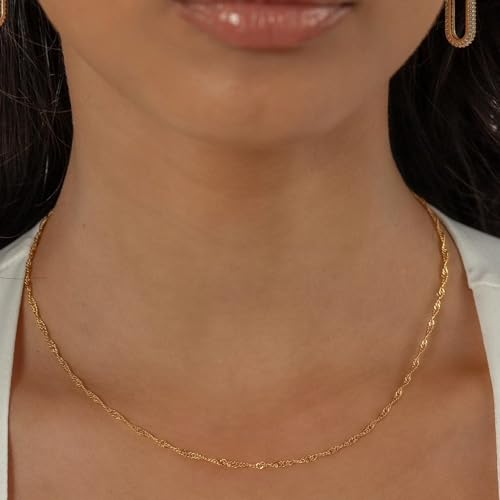 Krfy 14K Gold Plated Chain Necklace for Women Trendy - 925 Sterling Silver Clasp Dainty Choker Necklace Thin Simple Singapore Chain Necklace Non Tarnish Waterproof Jewelry for Women 14 inch - Image 4