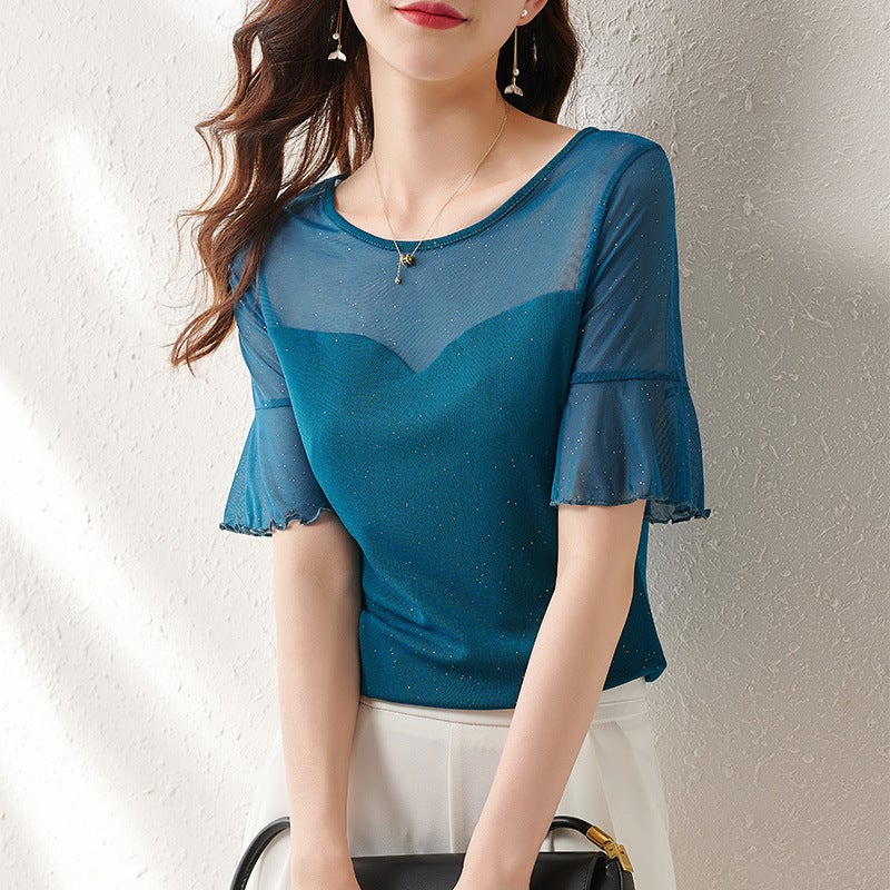 Love Clothes Buying Short-sleeved T-shirt Women's 2023 Summer Women's Clothing New Stitching Bright Silk Base Shirt Inner Slim Shirt - Image 1