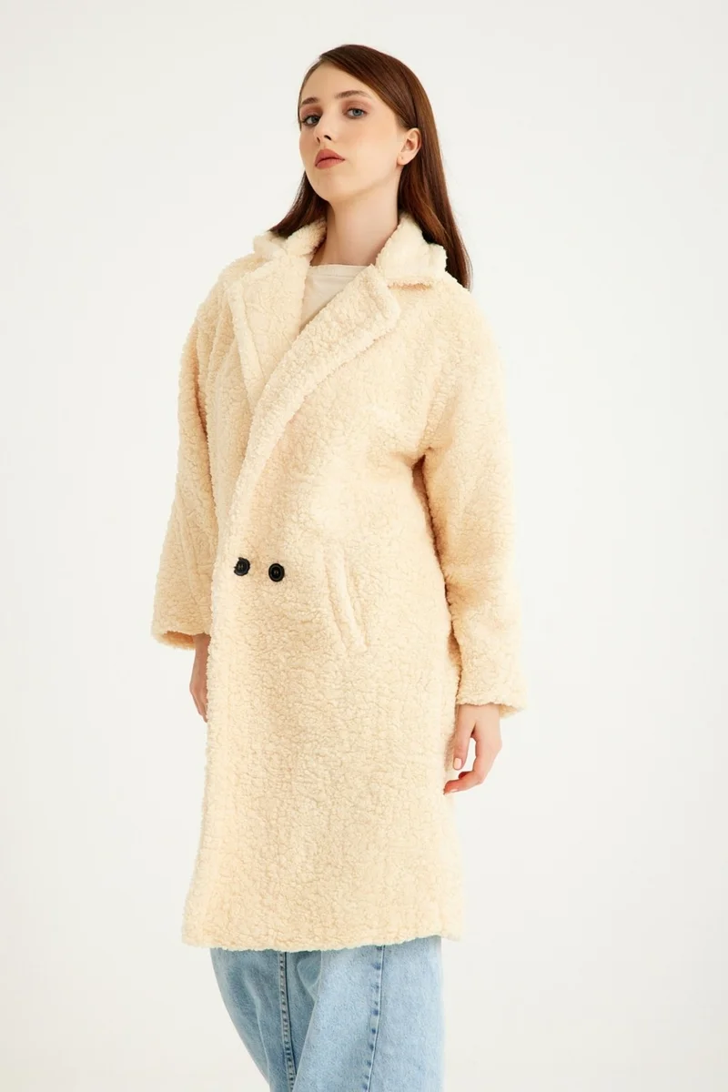 Barbora Plush Winter Women's Buttoned Lined Furry Jacket WS03KREM4