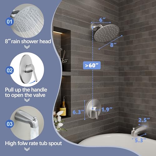 HoliSpa Tub Shower Faucet, Brushed Nickel Shower Faucet Set with 8-Inch All-Metal Rainfall Showerhead and Bathtub Spout, Single-Handle Tub Shower-Trim Kit Included Valve, Brushed Nickel - Image 3