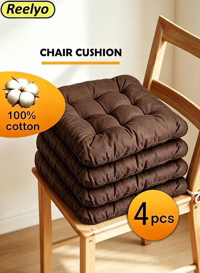 Reelyo 4 Pack Square Fine Brushed Fabric Chair Seat Cushions with Secure Fixing Ties, Ultra Delicate Soft Warm Thick Floor Sitting Pads, Anti-Slip Comfort Seat Pillows for Dining Chair Office Stool Sofa Balcony Kids Reading Nook, Fit for Adults & Children, 40 x 40 CM Dark Coffee - Image 1