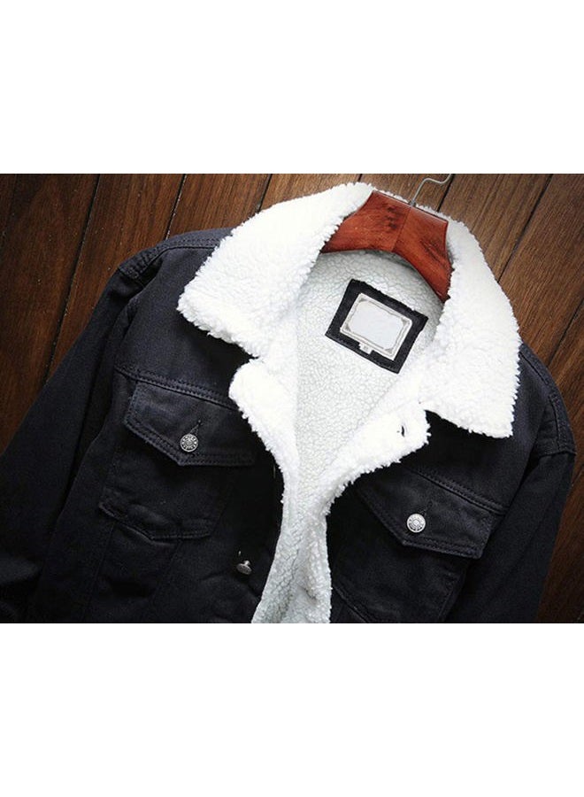 Omoone Men's Lapel Sherpa Fleece Lined Thicken Denim Jean Trucker Jacket Coats (0176-Classic Black-L) - Image 2