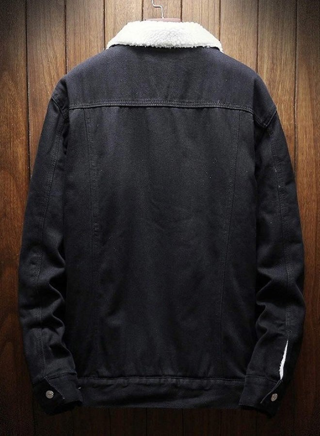 Omoone Men's Lapel Sherpa Fleece Lined Thicken Denim Jean Trucker Jacket Coats (0176-Classic Black-L) - Image 3