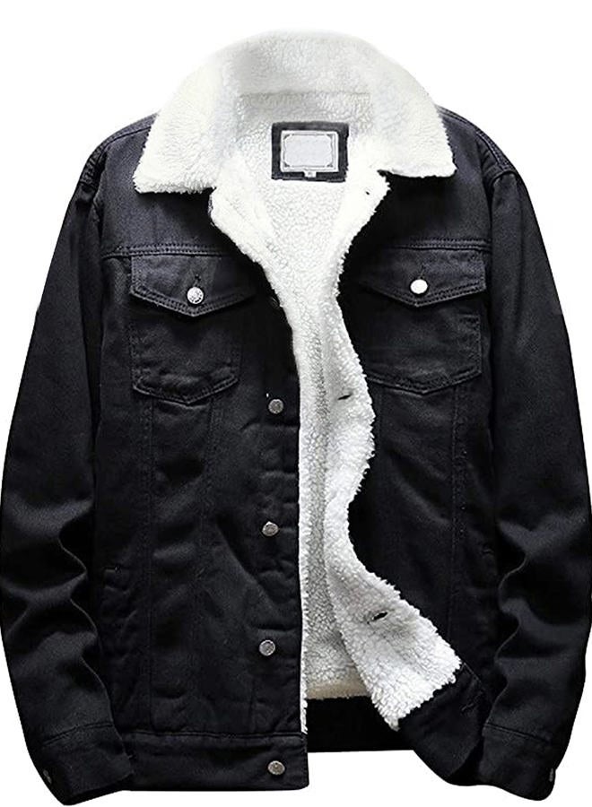 Omoone Men's Lapel Sherpa Fleece Lined Thicken Denim Jean Trucker Jacket Coats (0176-Classic Black-L) - Image 1