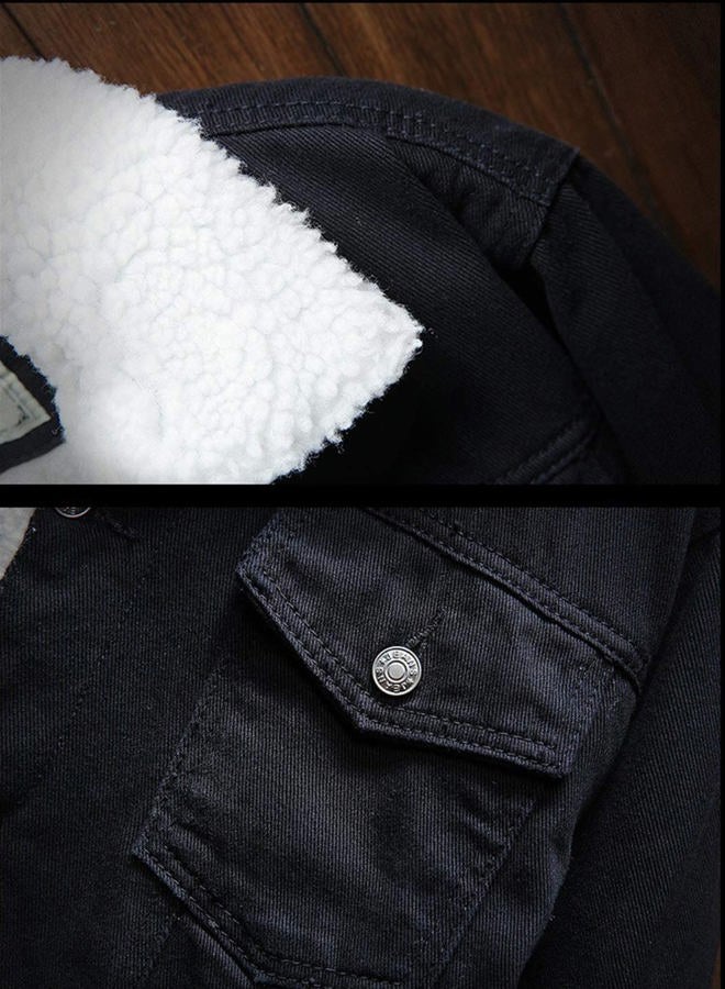 Omoone Men's Lapel Sherpa Fleece Lined Thicken Denim Jean Trucker Jacket Coats (0176-Classic Black-L) - Image 5