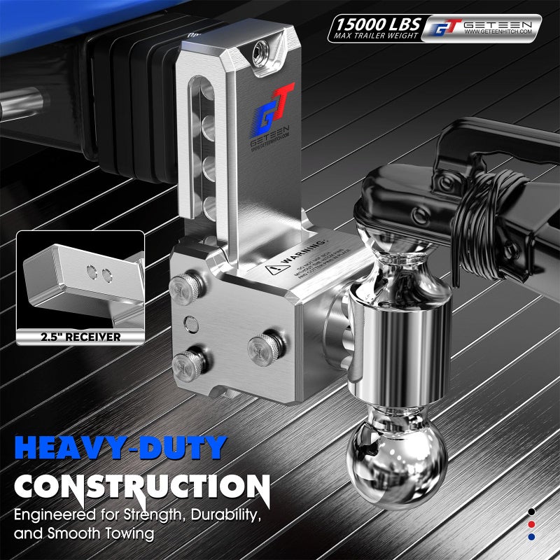 Geteen Adjustable Trailer Hitch Ball Mount - Fits 2.5" Receiver, Dual Ball 2" x 2-5/16"(15,000 GTW), 5" Drop & Rise Heavy Duty Aluminum Tow Hitch with 4 Anti-Rattle Gasket & 1 Locking Hitch Pin - Image 2
