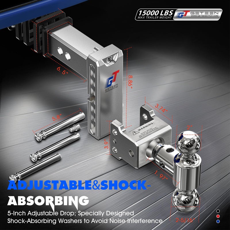 Geteen Adjustable Trailer Hitch Ball Mount - Fits 2.5" Receiver, Dual Ball 2" x 2-5/16"(15,000 GTW), 5" Drop & Rise Heavy Duty Aluminum Tow Hitch with 4 Anti-Rattle Gasket & 1 Locking Hitch Pin - Image 3