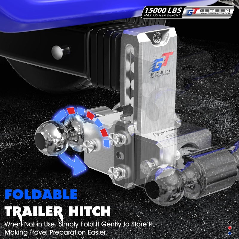 Geteen Adjustable Trailer Hitch Ball Mount - Fits 2.5" Receiver, Dual Ball 2" x 2-5/16"(15,000 GTW), 5" Drop & Rise Heavy Duty Aluminum Tow Hitch with 4 Anti-Rattle Gasket & 1 Locking Hitch Pin - Image 5