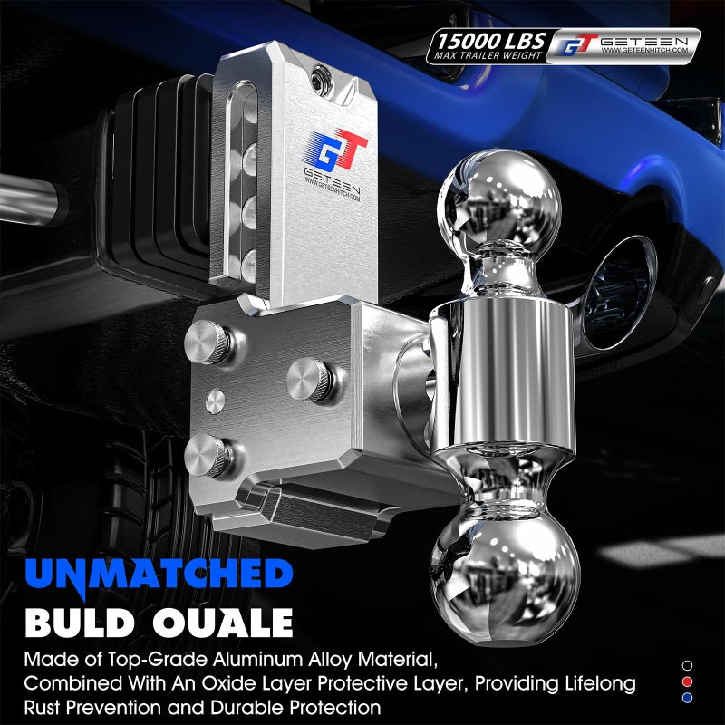 Geteen Adjustable Trailer Hitch Ball Mount - Fits 2.5" Receiver, Dual Ball 2" x 2-5/16"(15,000 GTW), 5" Drop & Rise Heavy Duty Aluminum Tow Hitch with 4 Anti-Rattle Gasket & 1 Locking Hitch Pin - Image 4