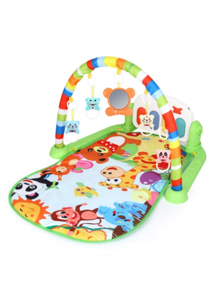 A mat with a piano and colourful hanging toys in different shapes and sizes that attract the child's attention and help develop their cognitive and visual abilities.  - Image 1