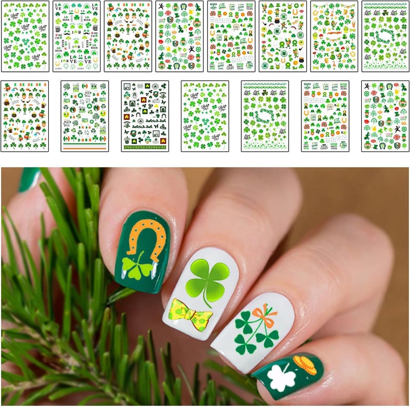 Partywind 966 Styles St Patrick's Day Nail Stickers, Self-Adhesive Saint Patrick's Day Nail Art Stickers Decals Wraps for Kids Women Girls, Irish Shamrock Accessories Decorations (15 Sheets)