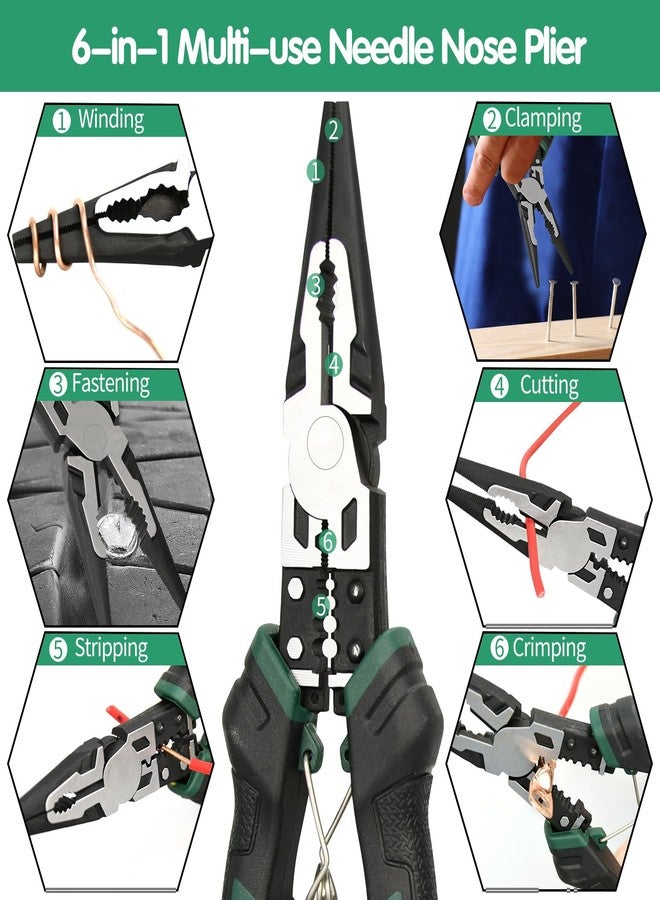 LFSEMINI 9'' Needle Nose Pliers, 6-in-1 Multifunction Long Nose Pliers, with Spring Loaded Safety Lock, for Fastening, Winding, Cutting, Stripping, Crimping, Clamping - Image 2
