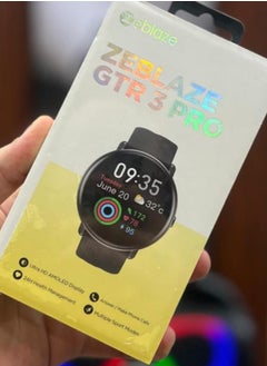 Zeblaze Zeblaze GTR 3 Pro smart watch. Here are some details mentioned on the box:  Zeblaze GTR 3 Pro.  Screen: Ultra HD AMOLED Display.  Call features: It can answer or make calls.  Health management: 24-hour health monitoring. 5. Multiple sports modes: Supports a variety of sports modes. 6. Design: Fashionable circular design appears, displaying time, date and health information such as heart rate and calories  - Image 3